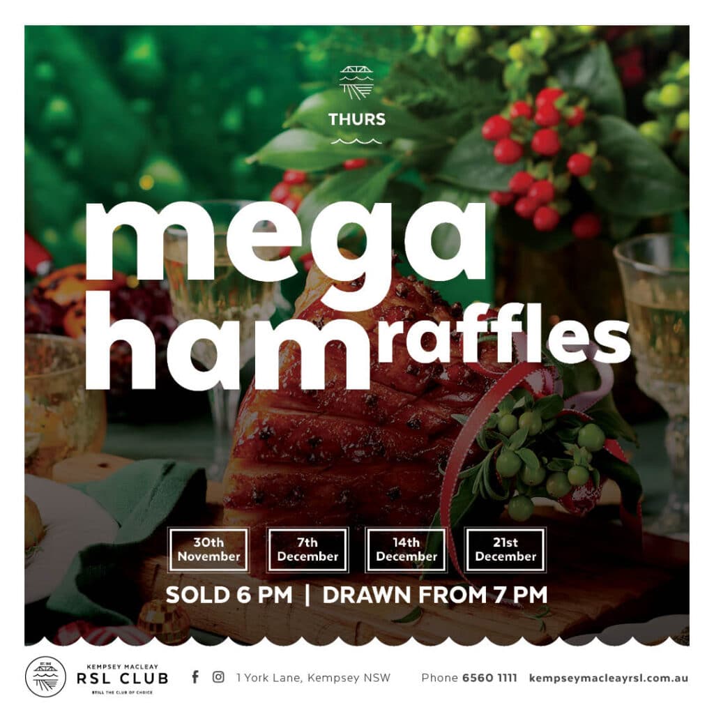 Mega ham raffle graphic with a photo of a ham