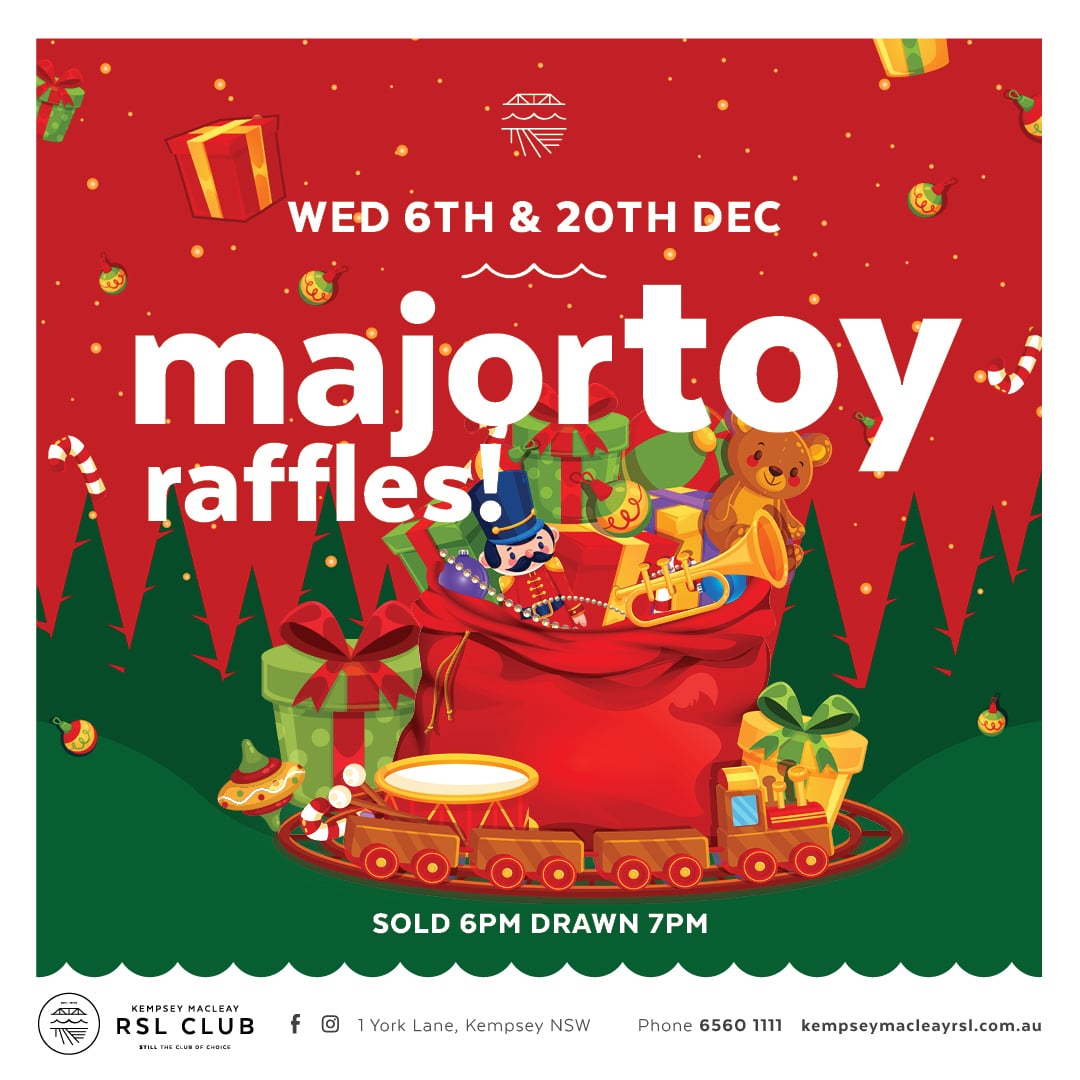 Toy raffle graphic with a santa sack full of toys